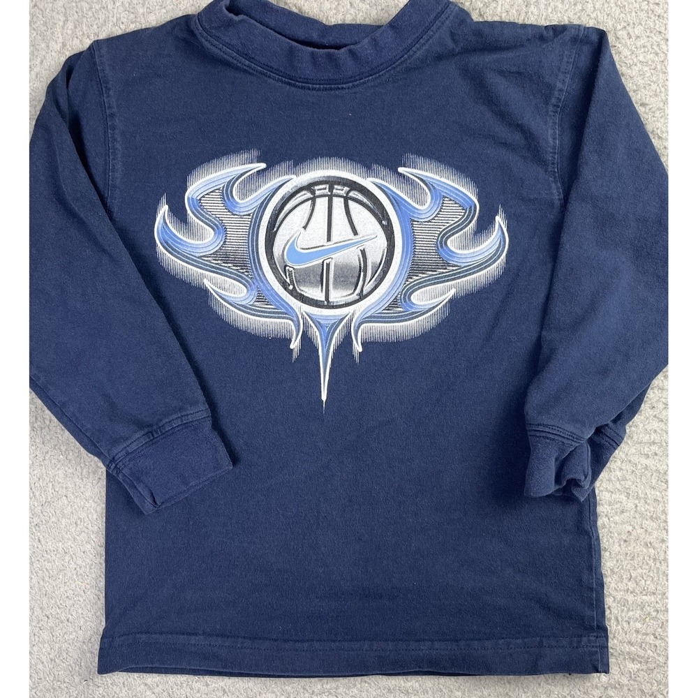 VTG NIKE Blue Flames Hoops Basketball Faded Long Sleeve T-Shirt Y2K Youth Small